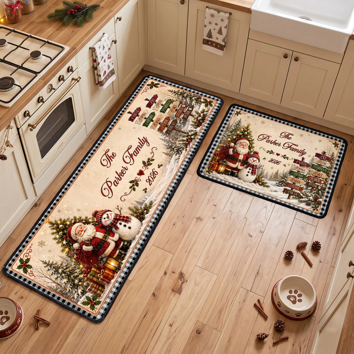 Christmas Santa & Snowman Festive - Custom Family Name - Personalized Runner Rug
